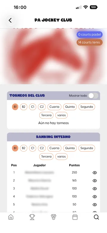 Pantalla de la app PELOTEO con la ficha de un club: sus torneos y su ranking interno.