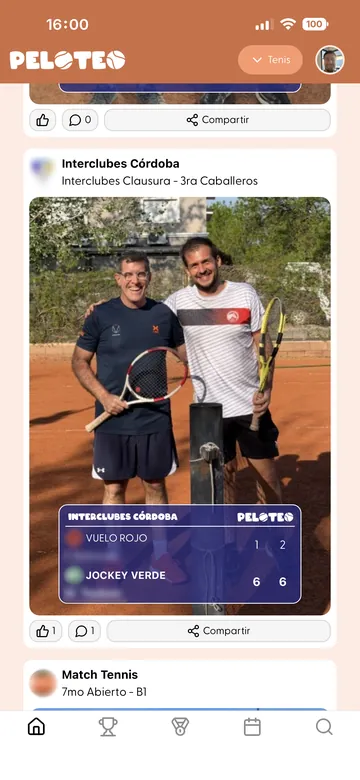 Pantalla de la app PELOTEO con la foto y el resultado de un partido de interclubes.