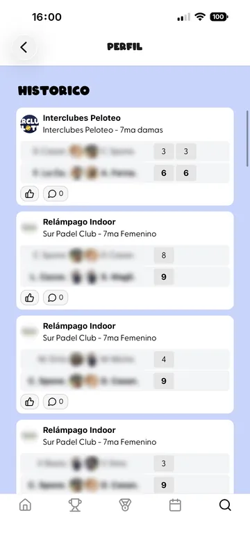 Pantalla de la app PELOTEO con el histórico de partidos de un jugador.