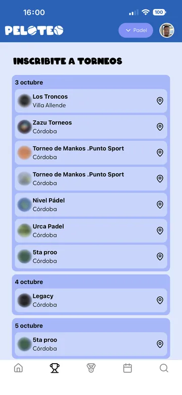 Pantalla de la app PELOTEO con el listado de torneos de pádel, ordenados por fecha.